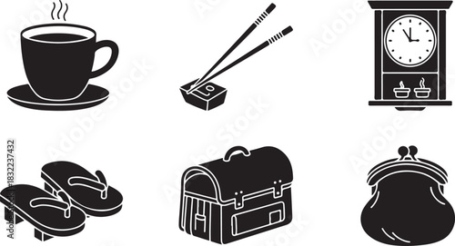 Collection of Japanese cultural icons: coffee, chopsticks, clock, sandals, bag, purse