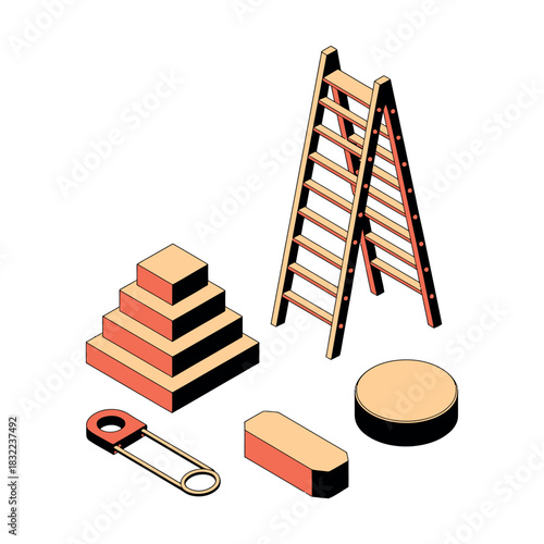 A collection of isometric objects including a ladder, pyramid, safety pin, and blocks.