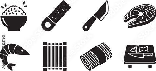 Food Icons: Rice, Knife, Fish, Shrimp, and Kitchen Tools