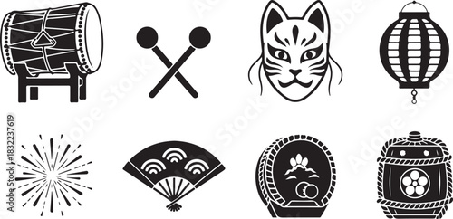 Japanese Festival Icons: Drum, Mask, Lantern, Fan, Fireworks, and Barrels