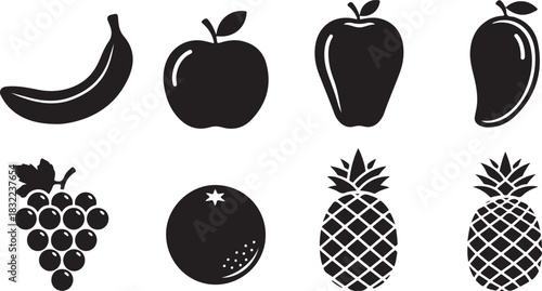 Black and White Icons of Various Fruits: Banana, Apple, Mango, Grapes, Orange, Pineapple