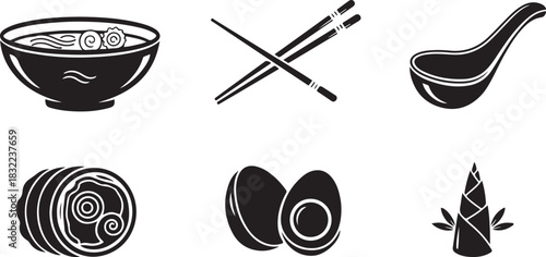 Japanese Food Icons: Ramen, Chopsticks, Spoon, Egg, and Bamboo Shoot