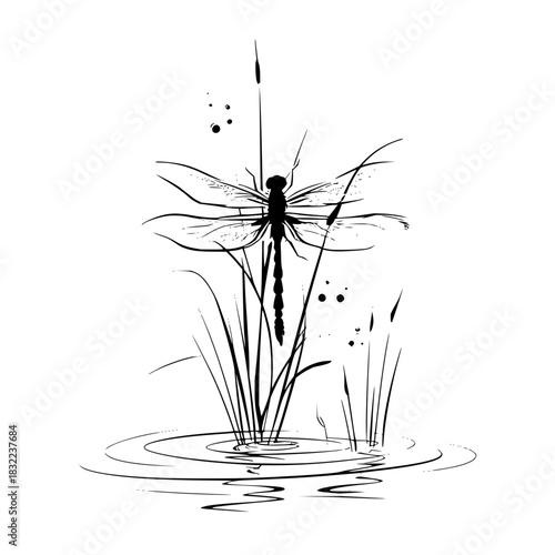 Silhouette of a dragonfly perched on reeds in water with ripples and scattered spots in black and white