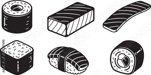 Black and White Icons of Various Sushi and Sashimi Pieces