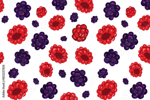Seamless pattern of raspberries and blackberries on a white background.