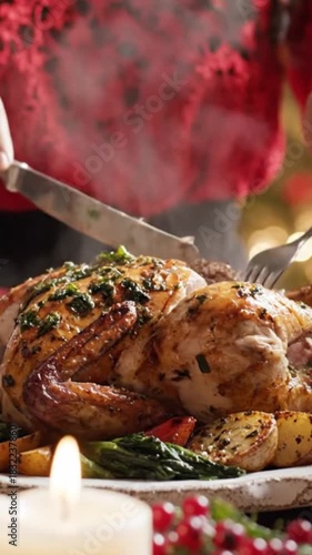 Vídeo 4k person carving roasted chicken on a plate with vegetables and candle light