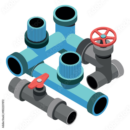 A collection of plumbing pipes and valves are shown in a studio setting.