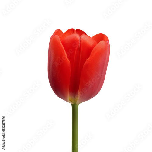 Bright Red Tulip Standing Tall Against a White Background in Simple Floral Be...