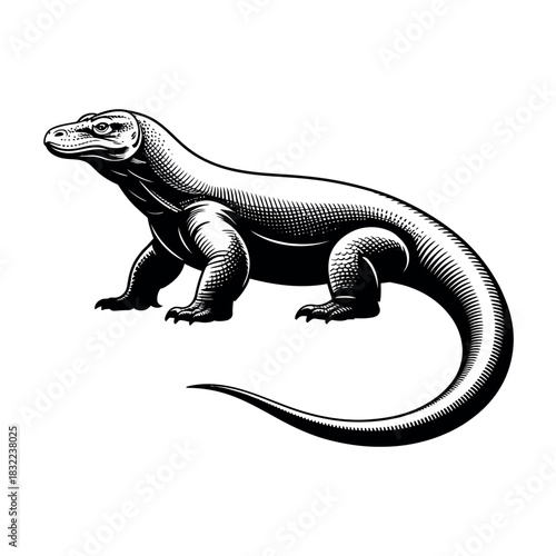 A detailed illustration of a Komodo dragon reptile on a white background.