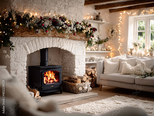 cozy, dimly lit living room with a stone fireplace burning brightly. Decorations include twinkling lights, garlands, and candles, creating a warm and festive atmosphere.
