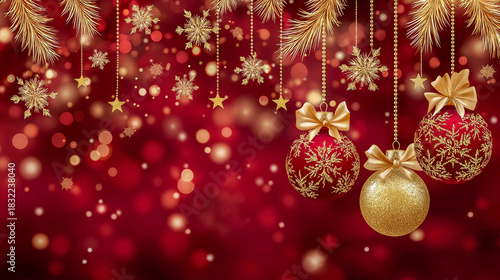 Festive holiday background featuring red and gold ornaments, sparkling snowflakes, and shimmering stars, creating a joyful atmosphere for seasonal celebrations and decorations