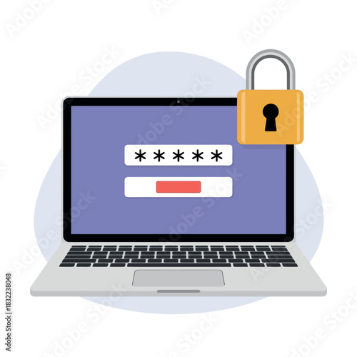 Laptop screen displays a password entry field and a padlock icon, symbolizing digital security and login protection.