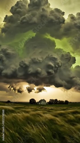 Vídeo 4k a rural scene with a white farmhouse under a stormy sky and windy field