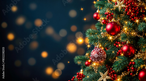 Weihnachtsbaum, Weihnachten, festlich, Dekoration, Weihnachtskugeln, Gold, Rot, Bokeh, Tanne, Christbaum, Christbaumkugeln, Weihnachtsschmuck, Girlande, Lametta, Schneeflocke, Tannenzweige, Lichter, H