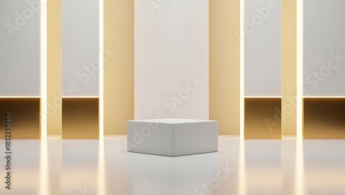 Modern minimalist stage pedestal with golden vertical accents and soft lighting