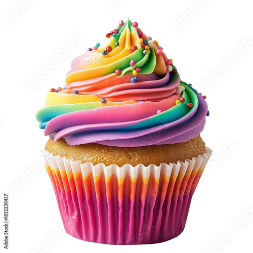 Colorful Rainbow Cupcake With Swirled Frosting and Sprinkles on a Simple Whit...