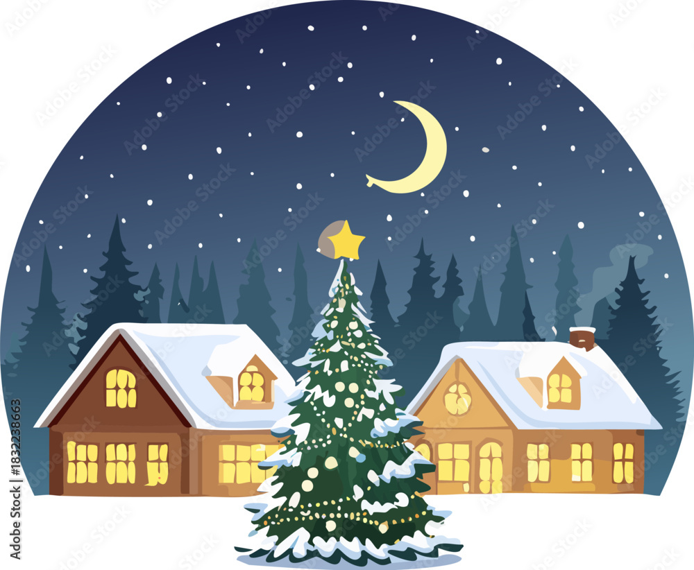 Naklejka premium Cozy Winter Night with Snow-Covered Houses and Glowing Christmas Tree, Snowy Village Night with Warm Lights, Glowing Christmas Tree in Winter Town Scene, Peaceful Snow-Covered Holiday Village