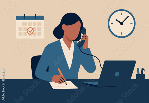 Administrator or assistant occupation, secretary or accountant professional, receptionist work with answer telephone, schedule calendar or coordination, businesswoman admin working at office desk
