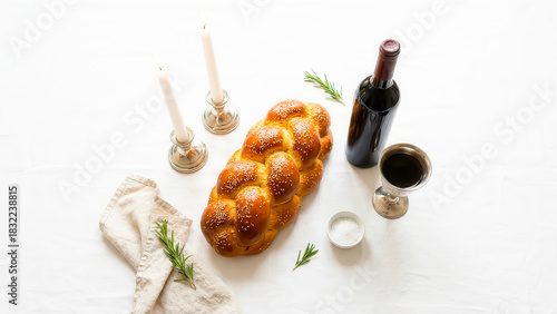 Challah bread, red wine, and candles create a warm and inviting Shabbat dinner scene in a cozy home setting