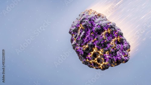 Enormous and lively comet with vibrant purple and golden fiery veins hurtling across the universe. Imaginary heavenly object zooming swiftly through space