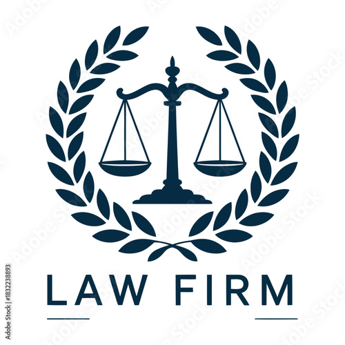 A stylized illustration of a law firm's emblem featuring scales of justice within a laurel wreath.