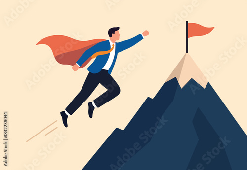 Advantage to reach mountain peak success, achievement journey or victory, shortcut or creativity to fast success, challenge or performance concept, businessman flying to reach mountain peak flag