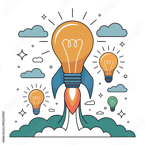A bright idea takes flight on a rocket, symbolizing innovation and inspiration.