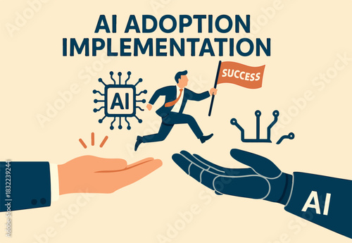 AI adoption or implementation to success, change or transformation using Artificial Intelligence innovation to help business achievement, businessman hold winning flag jump from human hand to AI hand.