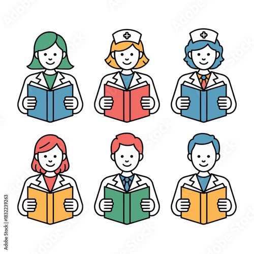 Medical professionals are depicted reading books in an illustrative style.
