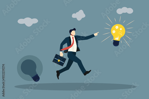 Businessman Running Towards Idea Solution Success | Finding Innovation Creative Concept Vector