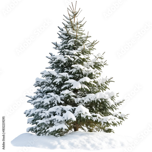 Snow-covered Evergreen Tree Stands Alone in a Winter Landscape Under Bright S...