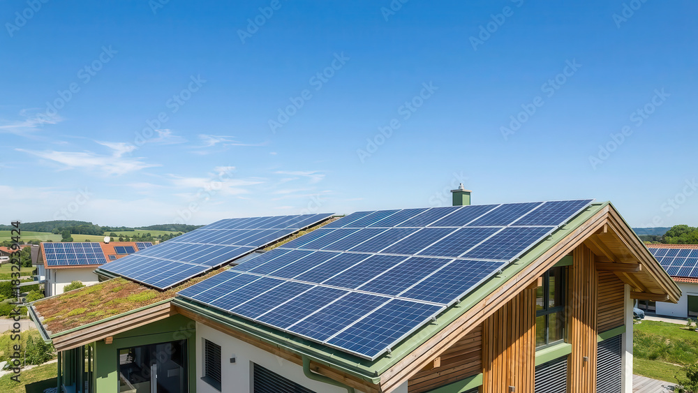 Fototapeta premium Modern eco-friendly house with solar panels capturing sunlight in a clear blue sky