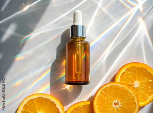 Vitamin C whitening cosmetic product. Amber glass bottle with orange slices decoration. Radiant holographic light. Serum for face skin care. Mock-up illustration.