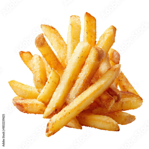 Golden Crispy French Fries Piled High on a Simple White Background