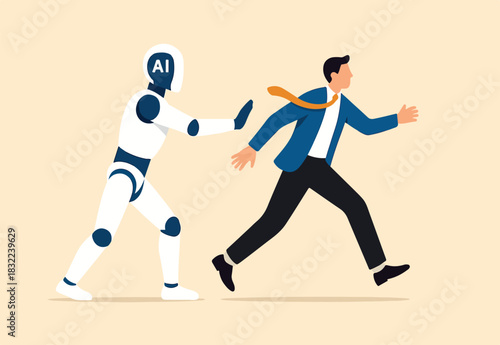 AI Artificial Intelligence to replace human job, lay off or fired employee using AI substitution, innovation or tech evolution, robot hand push away human to replaced with AI artificial Intelligence