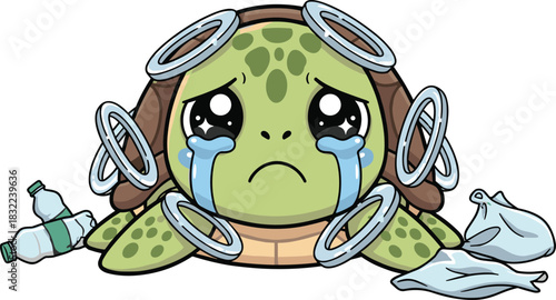 Sad crying sea turtle trapped in plastic rings and surrounded by ocean waste, powerful environmental illustration highlighting pollution and wildlife protection awareness