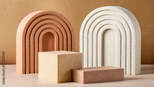 Art deco style decoration. Stylish and attractive geometric shapes presented in warm earthy tones. Terrazzo, concrete, mineral stone materials in show case for products display.