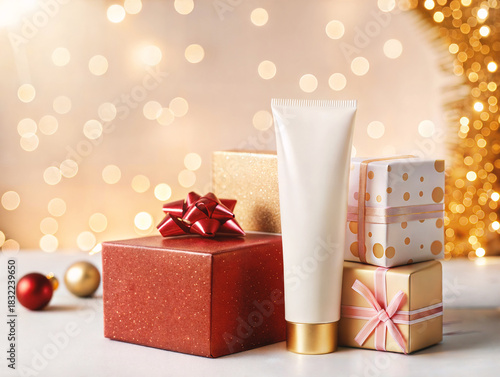 A luxurious Holiday Skincare Gift Set featuring a beautiful glowing background design