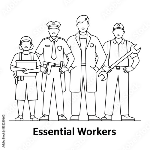 A diverse group of essential workers stands together to represent various professions.