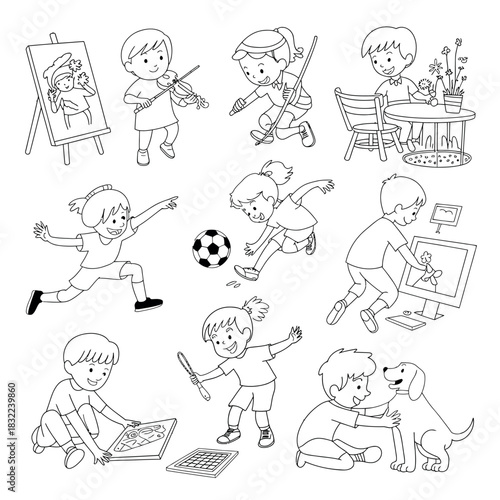 Children are enjoying various hobbies and activities like drawing, playing music, and sports.
