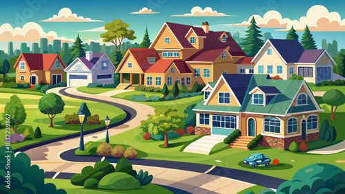 Very beautiful suburban neighborhood with elegant homes, manicured lawns, winding streets, and a peaceful residential atmosphere showcasing upscale community living surrounded by greenery.