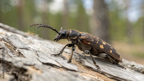 Macro photo of an Old House Borer beetle (Hylotrupes bajulus) resting on weathered pine wood in a coniferous forest.