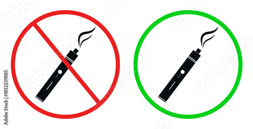 Vape Zone Red and Green Warning Signs. Vaping Place Silhouette Icons Set. Electric Cigarette Area Allowed, Smoking E-Cigarette Prohibited Symbol. Isolated Vector Illustration.