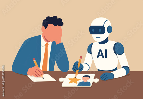 AI Artificial Intelligence work with human, robot or automation to help success, robot to replace human employment, job uncertainty concept, frustrated businessman working with pencil with AI robot