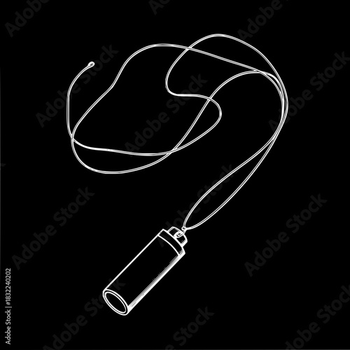 A white outlined cylinder object hanging from a thin white string against a black background design