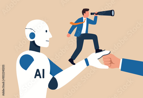 AI, Artificial Intelligence help business success, future of AI working with humanity, robot automation or innovation support, business support, robot hand help businessman look on telescope future