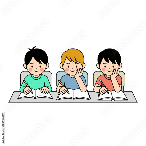 Three cheerful children studying at a desk with books and pencils showcasing a collaborative learning atmosphere
