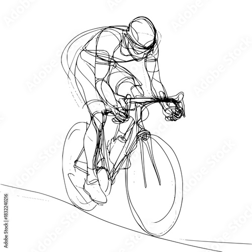 Line drawing of a cyclist in motion wearing a helmet and cycling gear on a bicycle on a white background