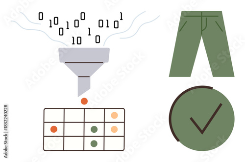 Funnel filters digital data into a grid, categorizing content with validation checkmark and green trousers. Ideal for technology, data processing, validation, AI, sorting algorithms, machine