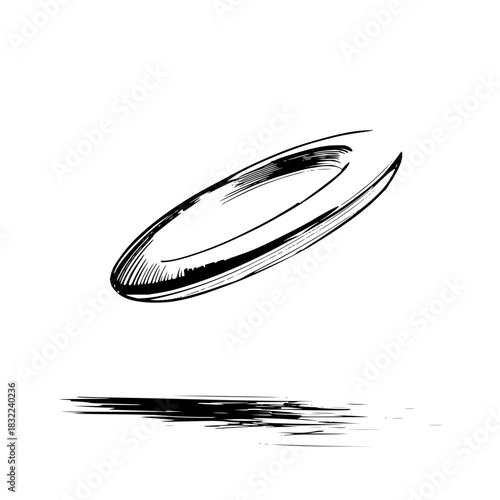 Sketch of a frisbee disc in mid air with a shadow cast below on a white background in monochrome style